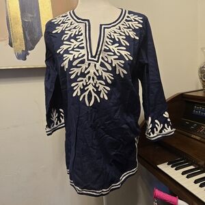 Gretchen Scott Navy and White Embroidered Tunic Top